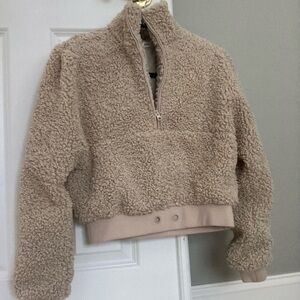 For Love & Lemons Small Sherpa Teddy Crop Pullover Jacket Tan Lined 1/2 Zip NWT